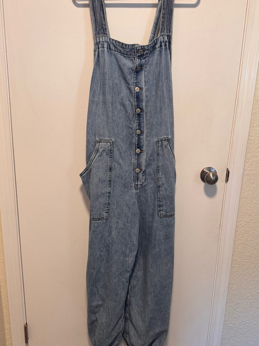We The Free Light Blue Denim Button-Front Overalls